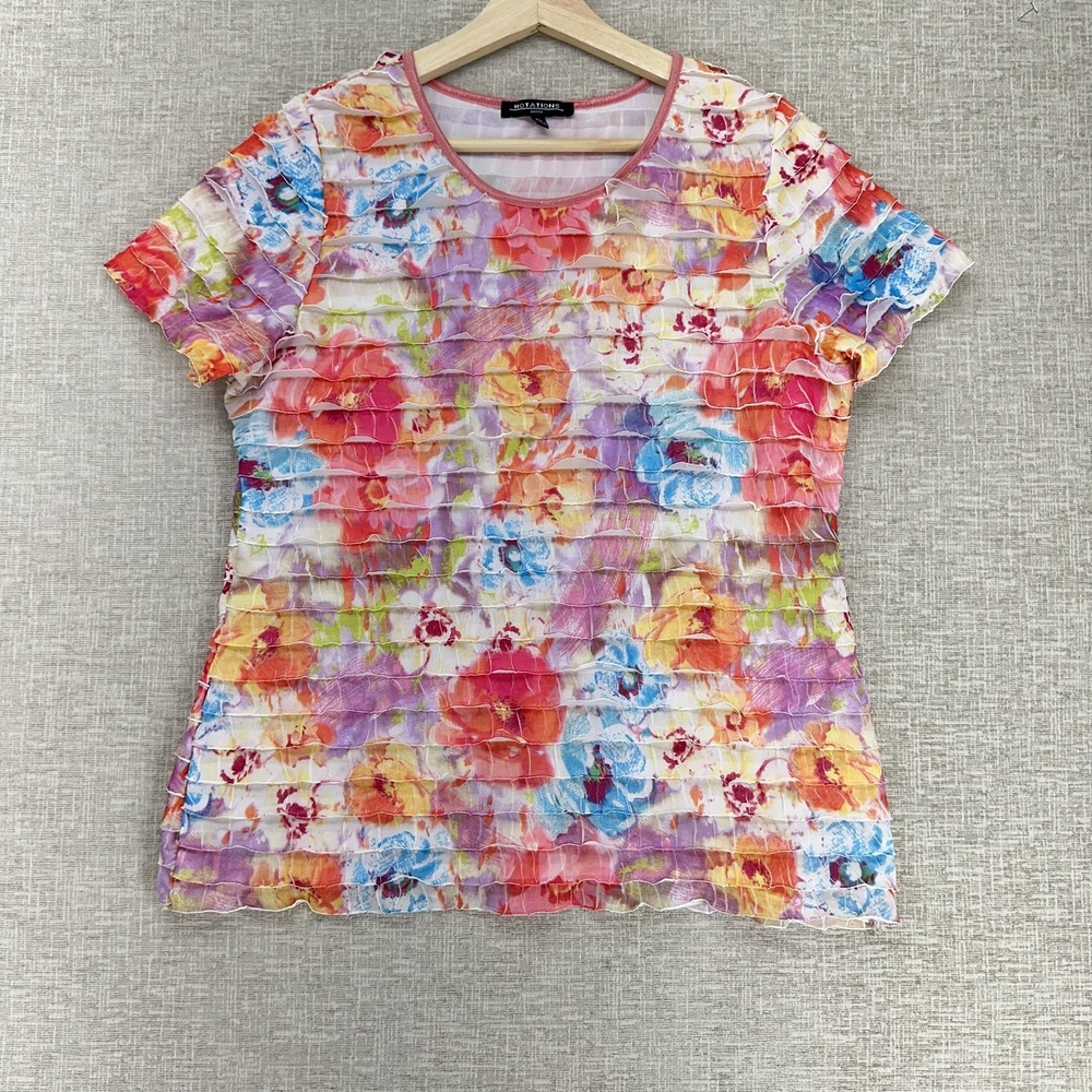 Notations Blouse Womens PL Petite Multicolor Floral Pleated Ruffle Short Sleeve